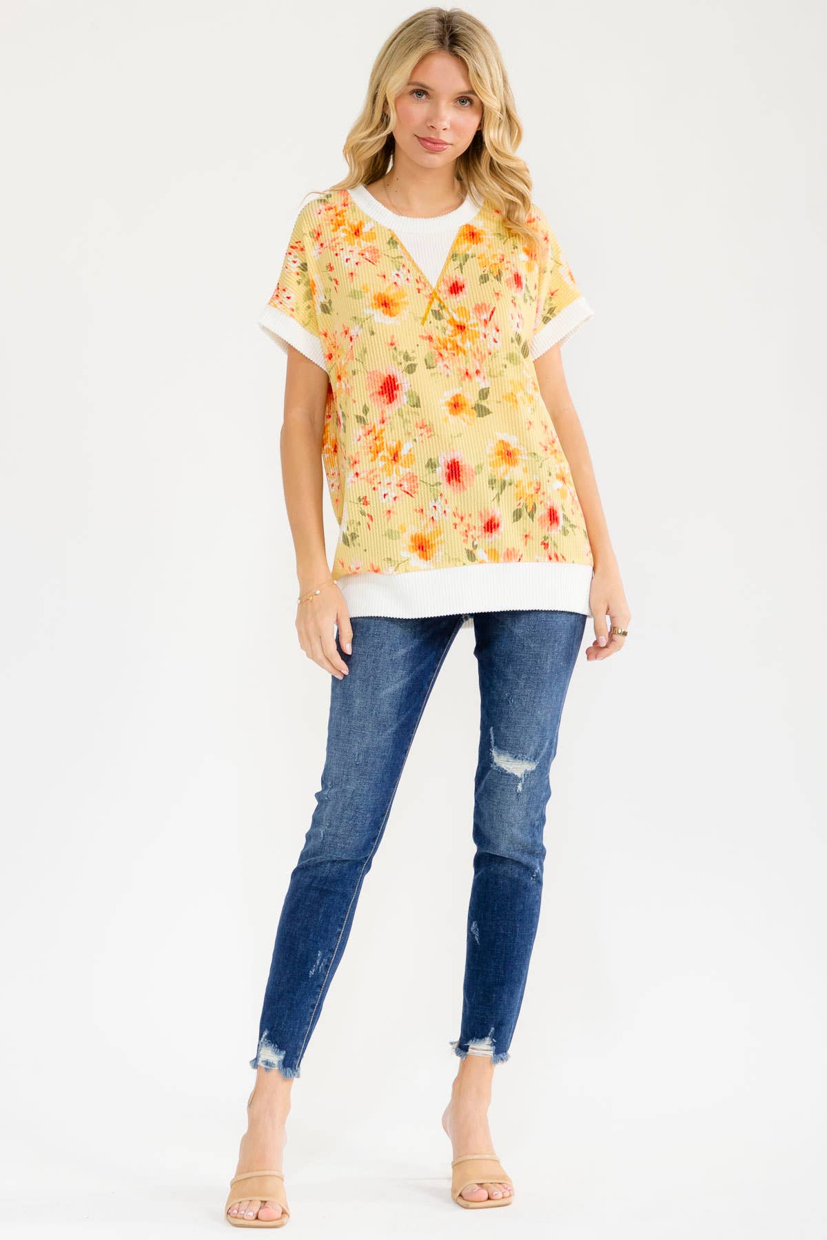 BLUE Floral ribbed Knit Short Sleeve Top