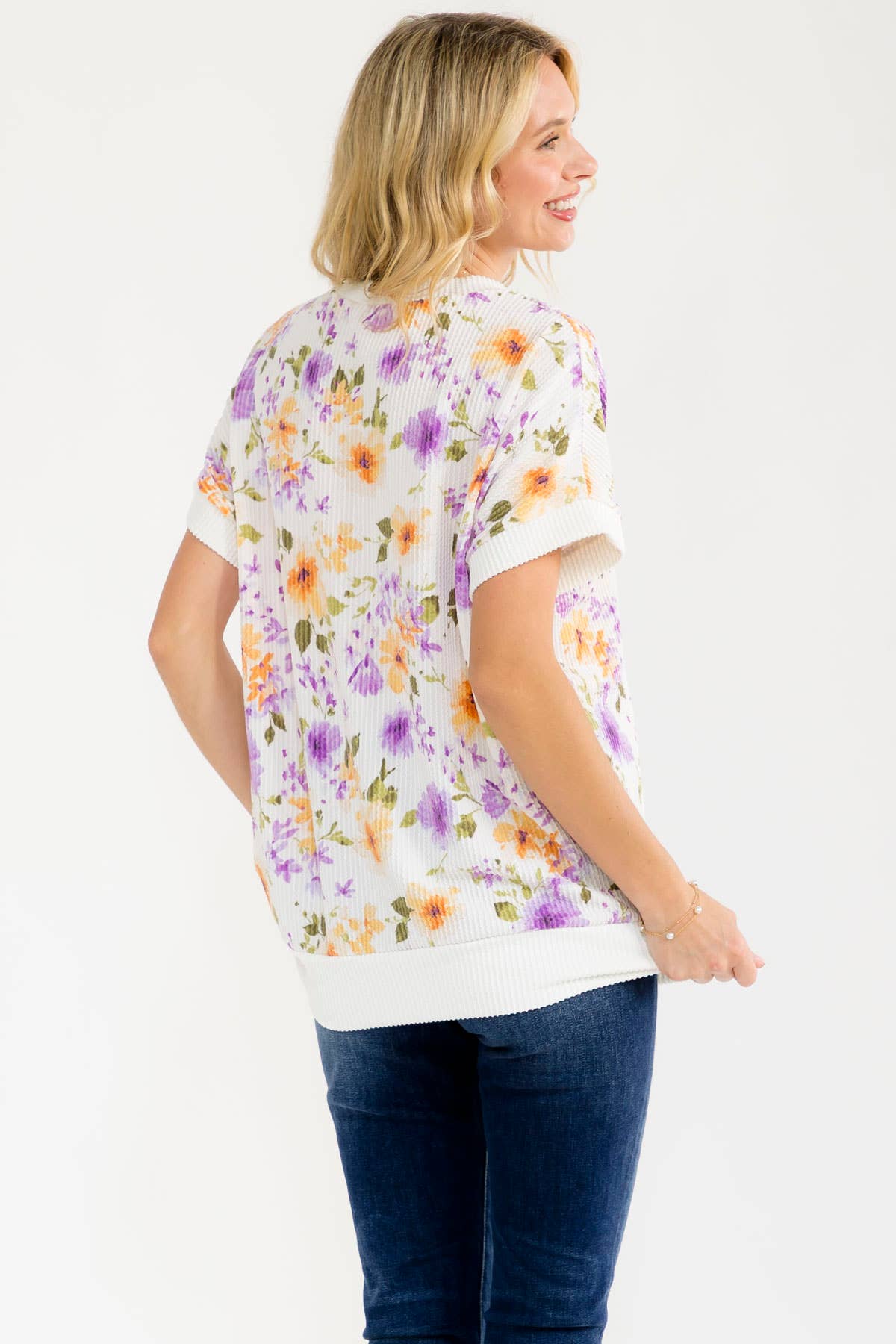 BLUE Floral ribbed Knit Short Sleeve Top