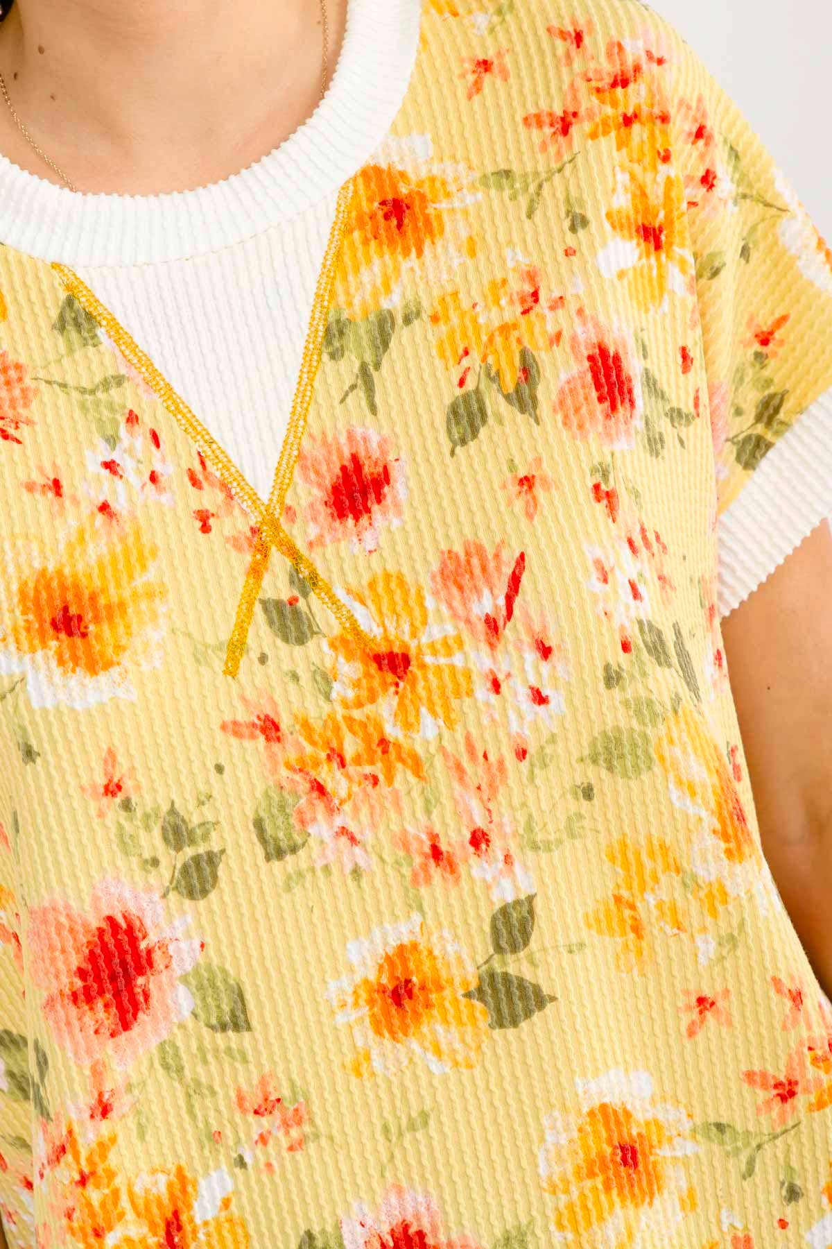 BLUE Floral ribbed Knit Short Sleeve Top