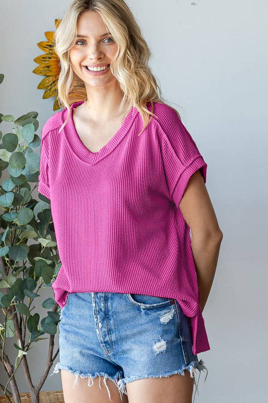 [PLUS SIZE]V-Neck Solid Twist Rib Women's Knit Top