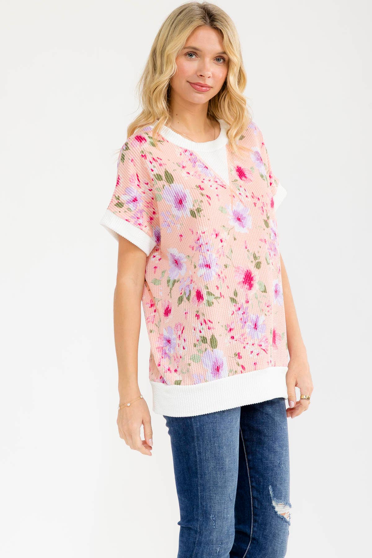 BLUE Floral ribbed Knit Short Sleeve Top