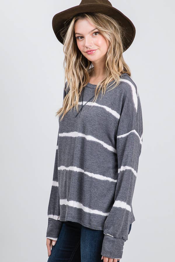 Stripe Tie Dye V Seam Drop Shoulder Long Sleeve Top