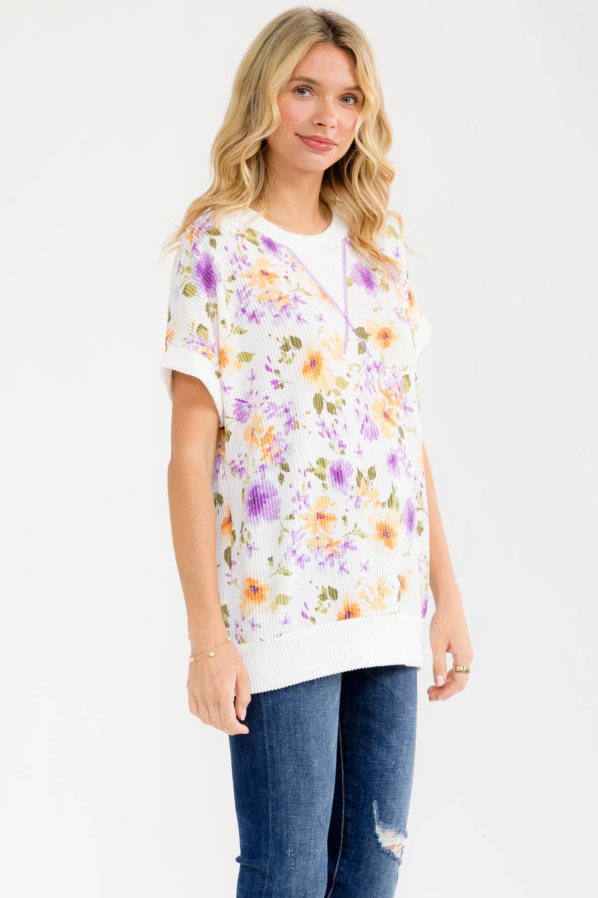 BLUE Floral ribbed Knit Short Sleeve Top
