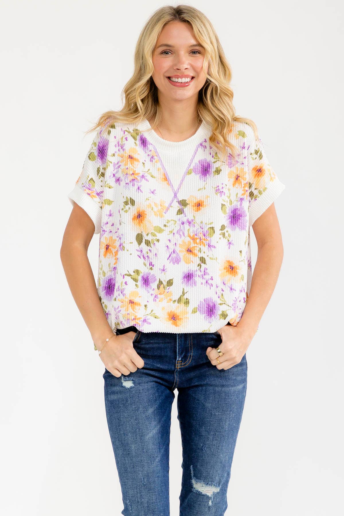 BLUE Floral ribbed Knit Short Sleeve Top