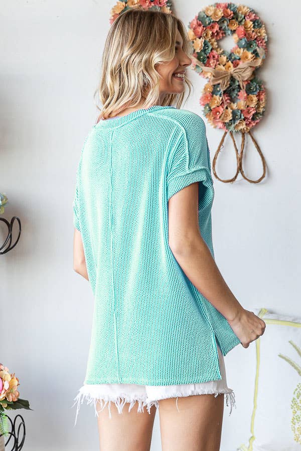 Solid Rib V Neck Side Slit Banded Short Sleeve Top