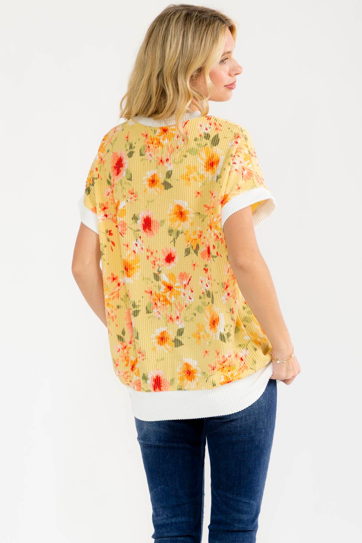 BLUE Floral ribbed Knit Short Sleeve Top