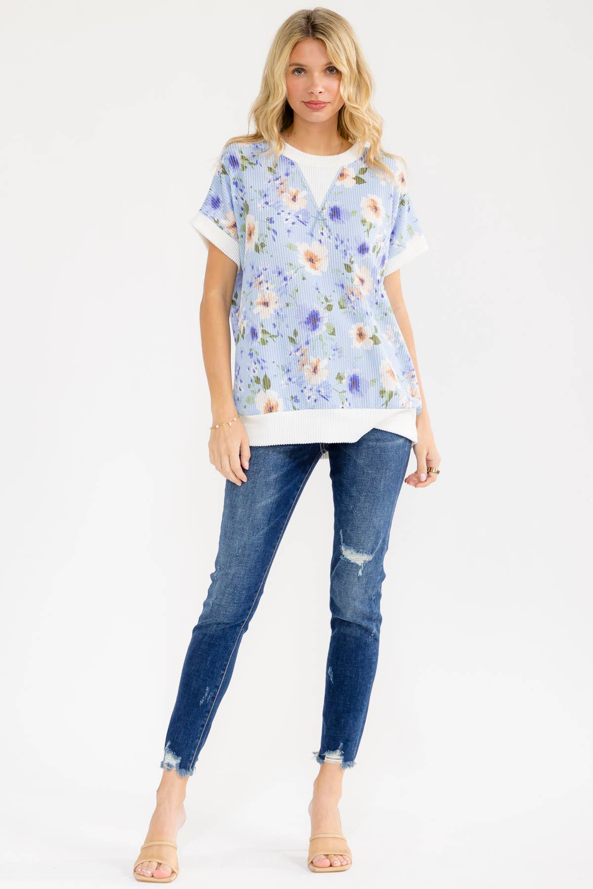 BLUE Floral ribbed Knit Short Sleeve Top