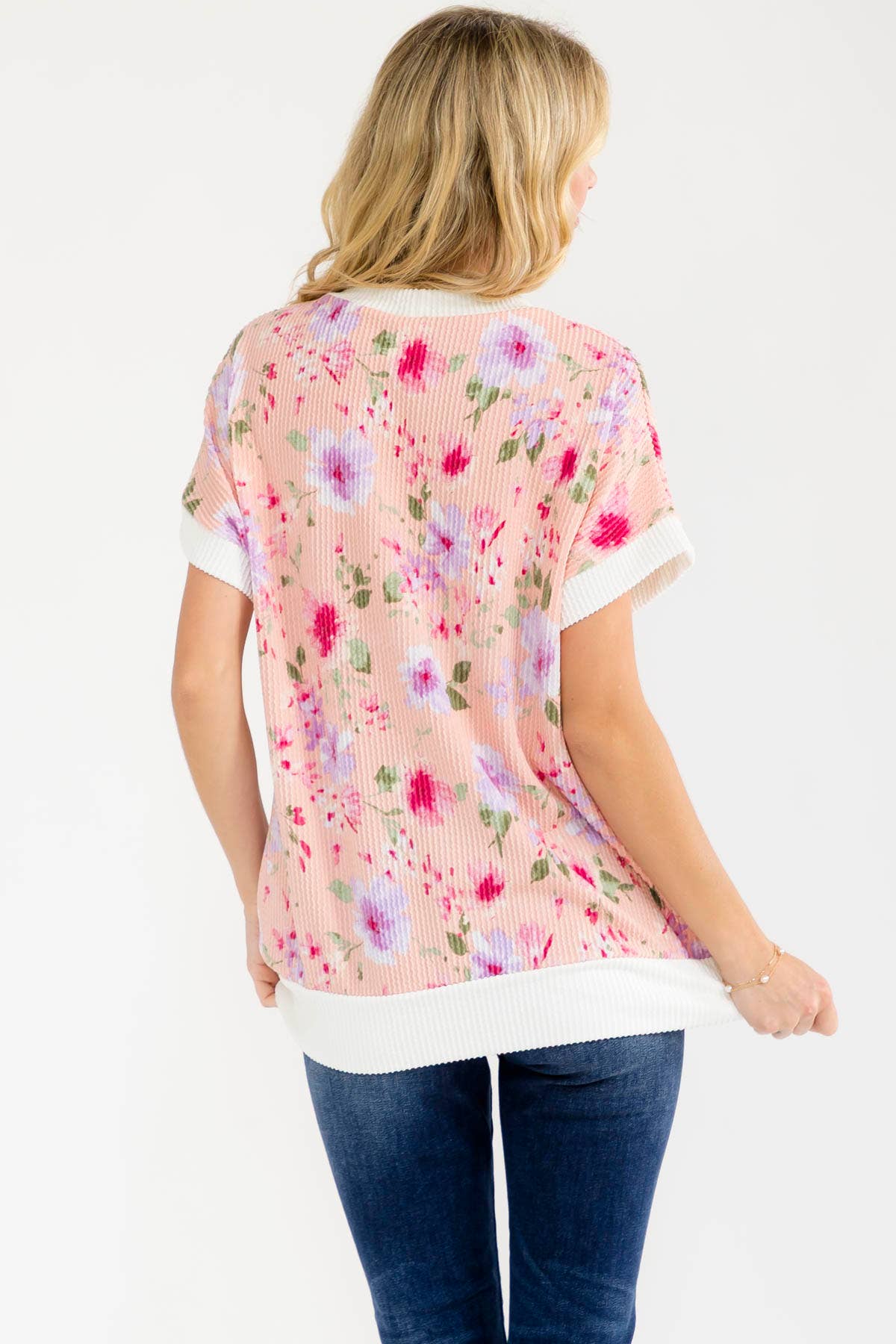 BLUE Floral ribbed Knit Short Sleeve Top
