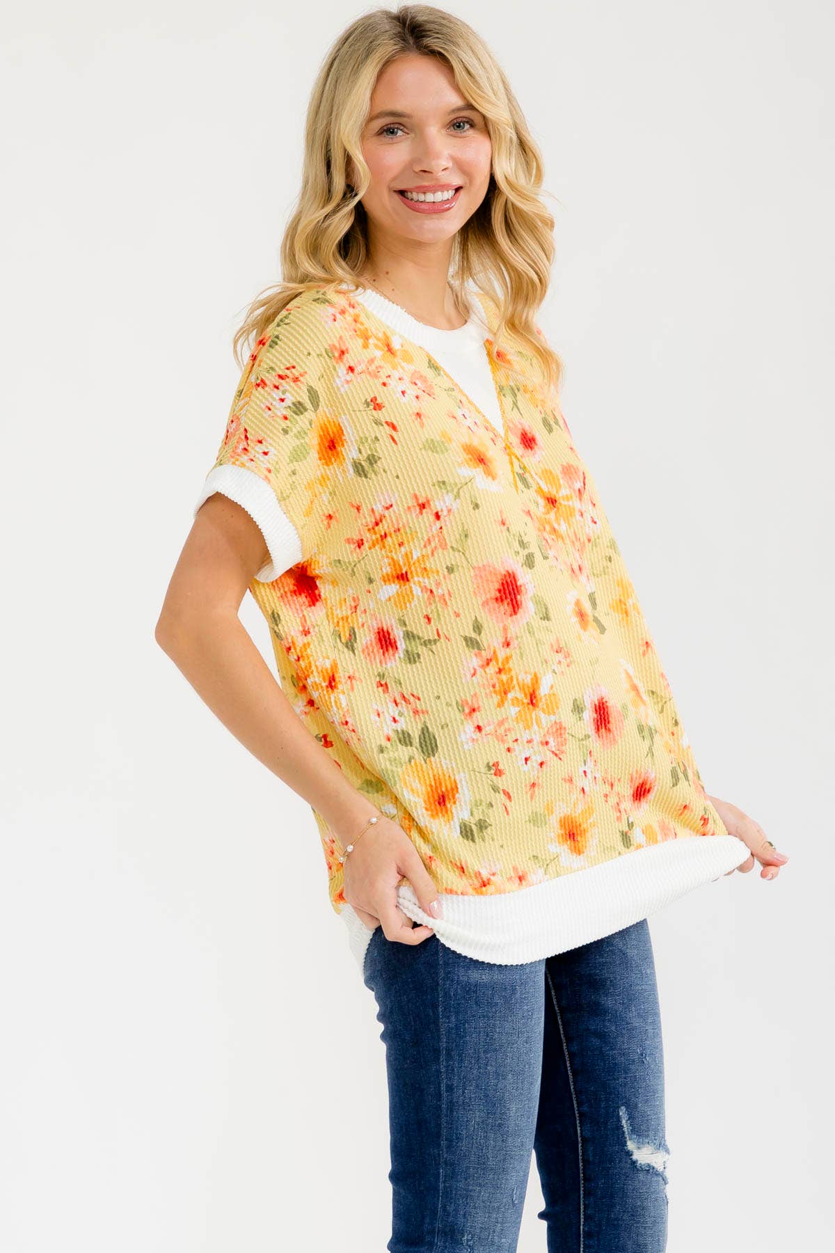 BLUE Floral ribbed Knit Short Sleeve Top