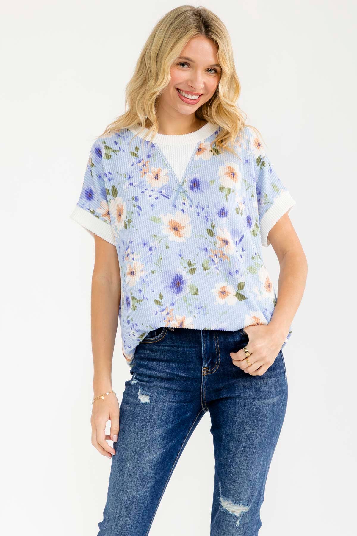 BLUE Floral ribbed Knit Short Sleeve Top