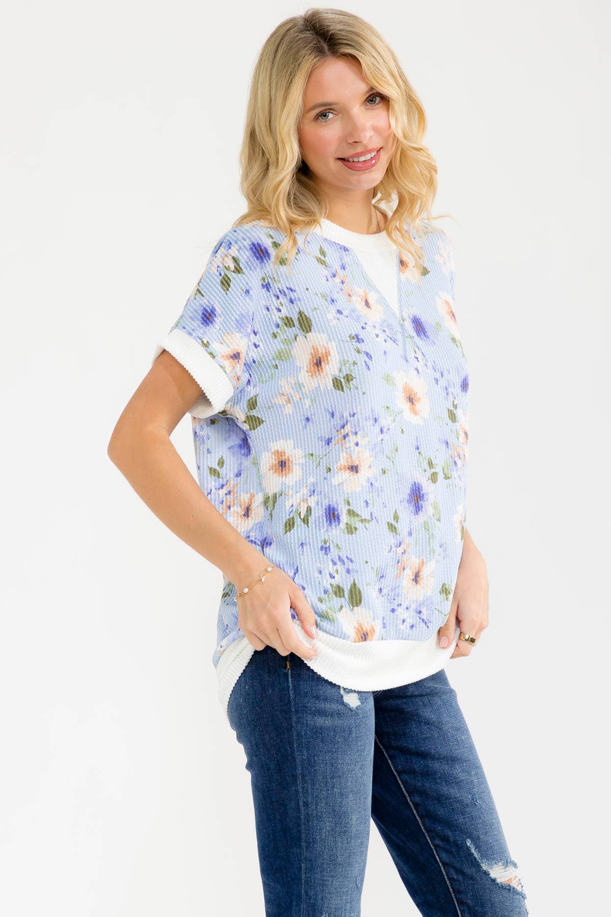 BLUE Floral ribbed Knit Short Sleeve Top