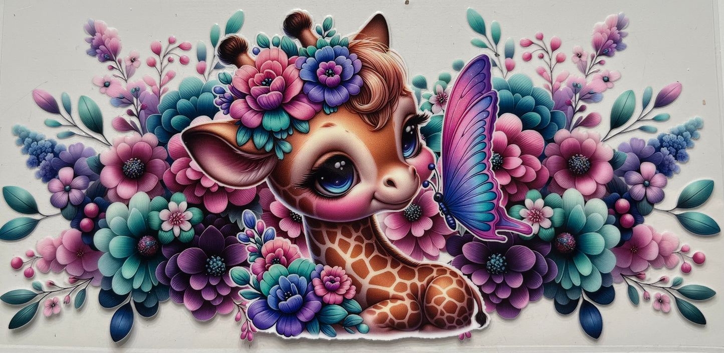 Baby Giraffe with Butterfly and Flowers