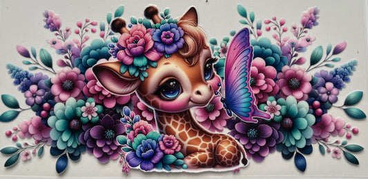 Baby Giraffe with Butterfly and Flowers