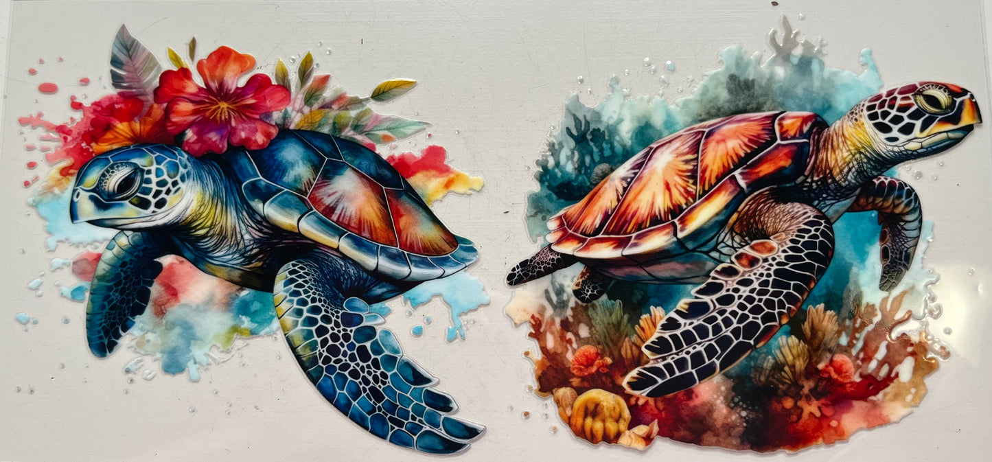2 Sea Turtles Flowers and Water