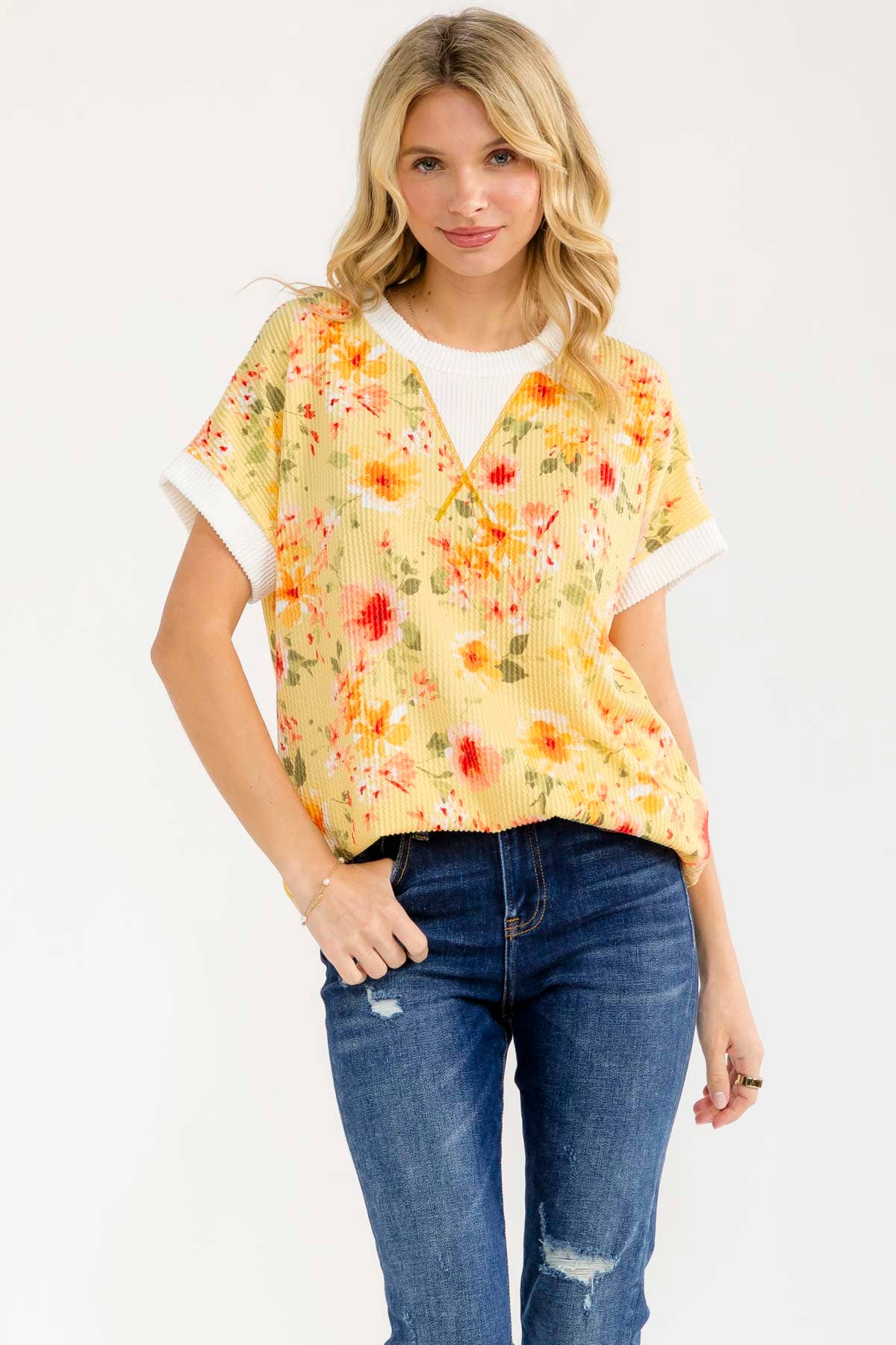 BLUE Floral ribbed Knit Short Sleeve Top