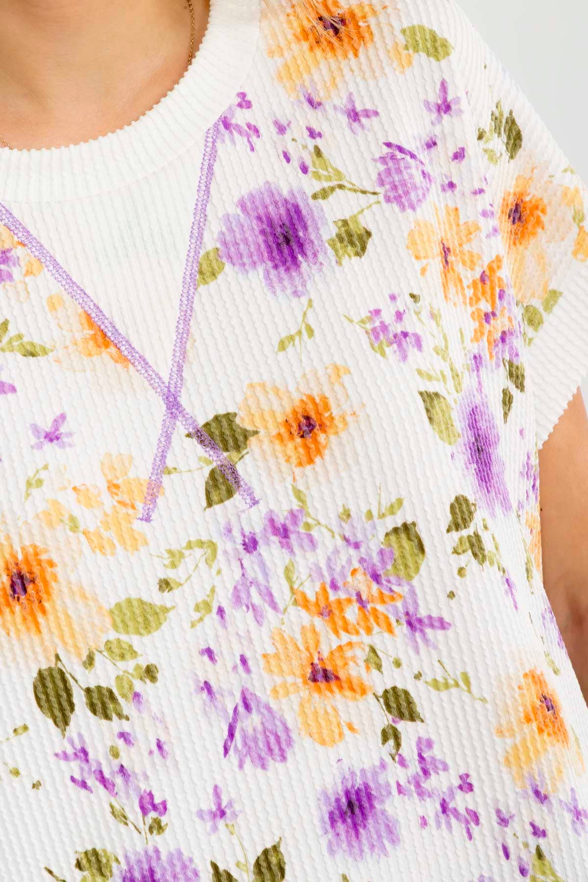 BLUE Floral ribbed Knit Short Sleeve Top