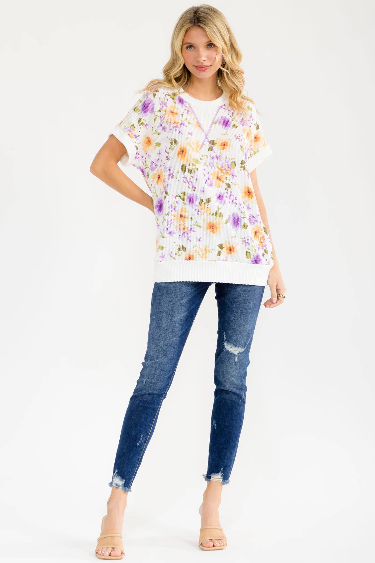 BLUE Floral ribbed Knit Short Sleeve Top