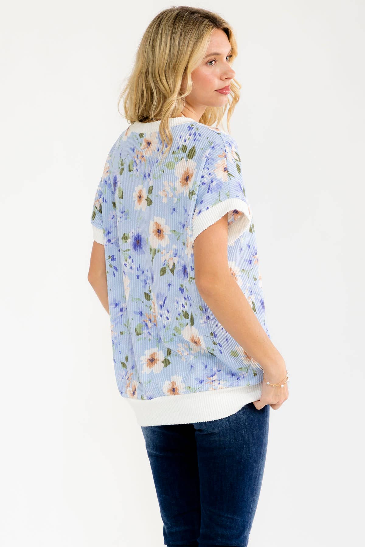 BLUE Floral ribbed Knit Short Sleeve Top