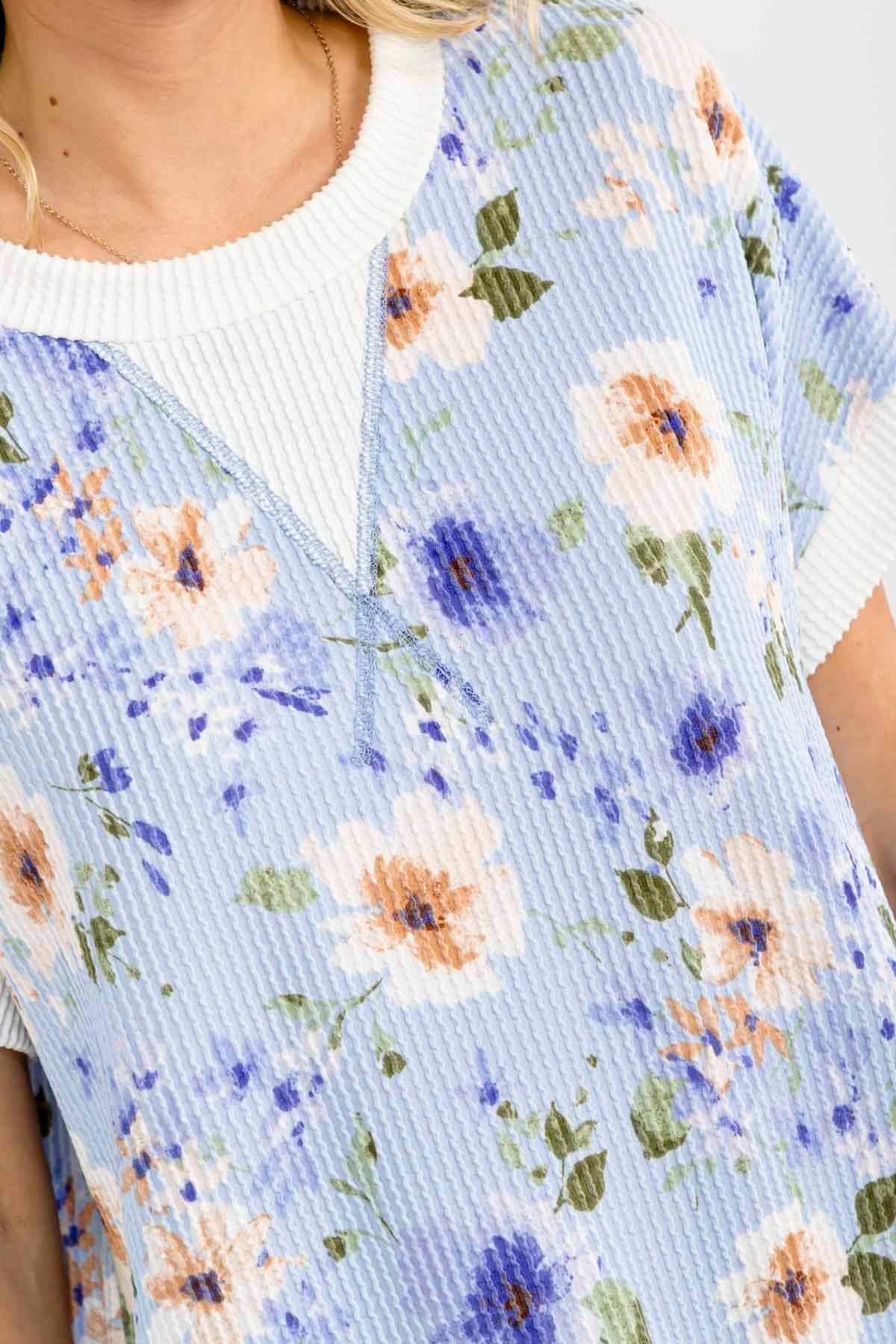 BLUE Floral ribbed Knit Short Sleeve Top