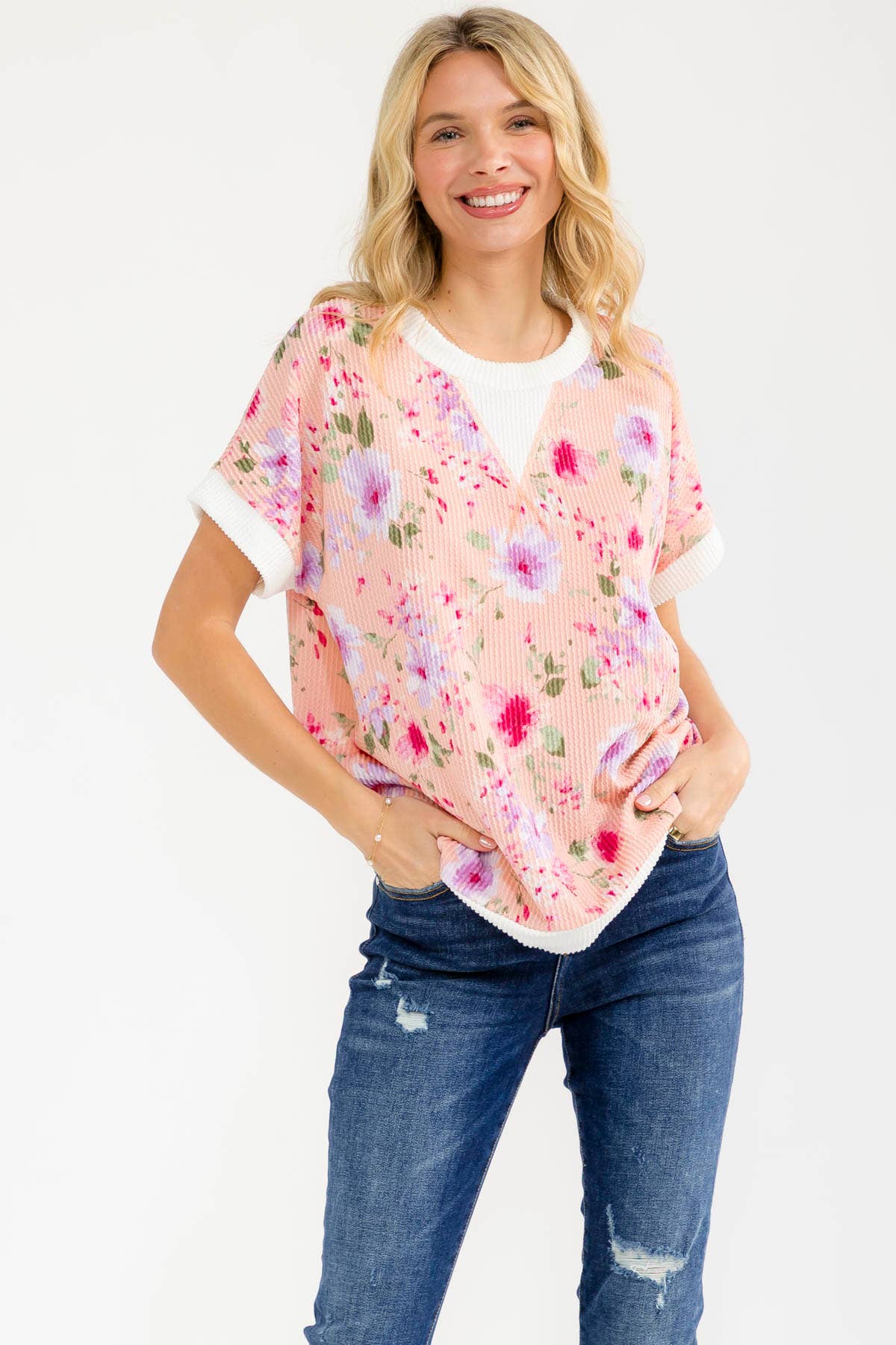 BLUE Floral ribbed Knit Short Sleeve Top