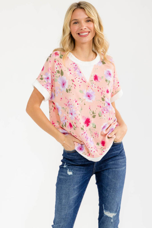 BLUE Floral ribbed Knit Short Sleeve Top