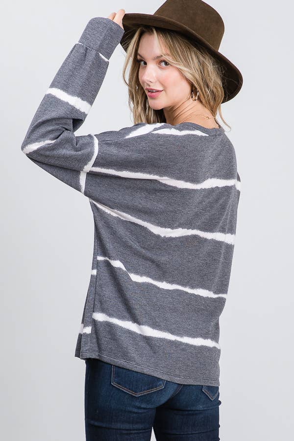 Stripe Tie Dye V Seam Drop Shoulder Long Sleeve Top