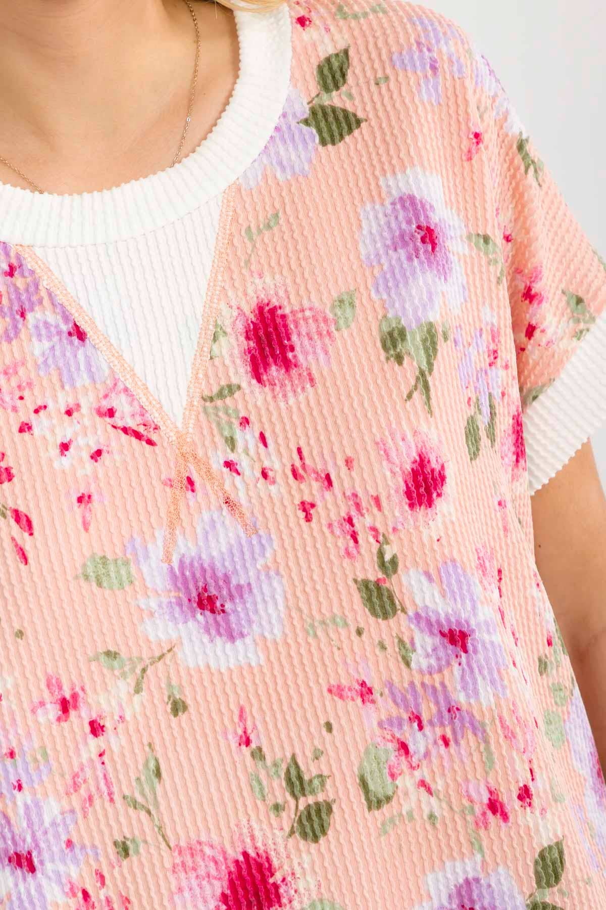 BLUE Floral ribbed Knit Short Sleeve Top