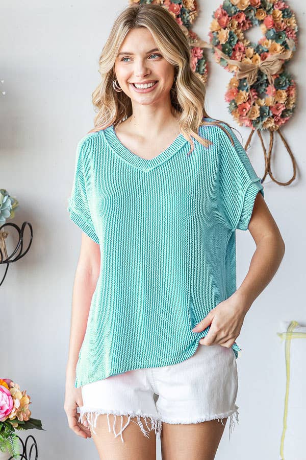 Solid Rib V Neck Side Slit Banded Short Sleeve Top