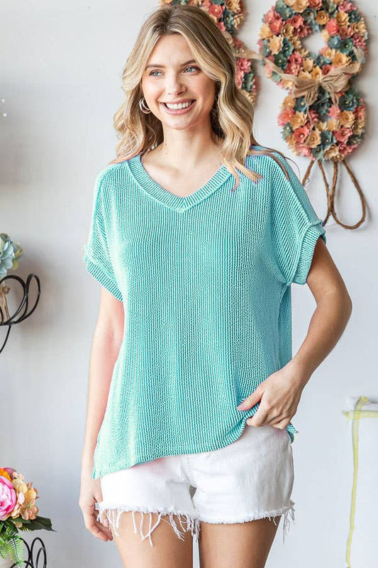 Solid Rib V Neck Side Slit Banded Short Sleeve Top